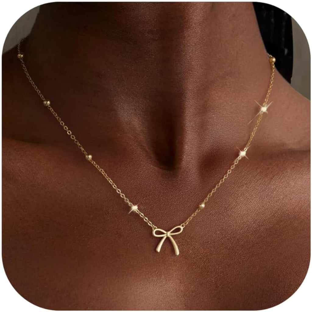 Thaivor Mothers Day Gifts - Necklace for Women Dainty Bow Necklace 14K Gold Plated Cute Choker Small Pendant Charm Necklaces Teen Gift Trendy Stuff Personalized Jewelry Gifts