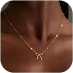 Thaivor Mothers Day Gifts - Necklace for Women Dainty Bow Necklace 14K Gold Plated Cute Choker Small Pendant Charm Necklaces Teen Gift Trendy Stuff Personalized Jewelry Gifts