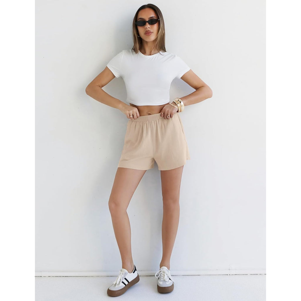 Linen Shorts for Women Summer Beach Casual Shorts Comfy Lightweight Vacation Cruise Outfits Lounge Pants with Pockets