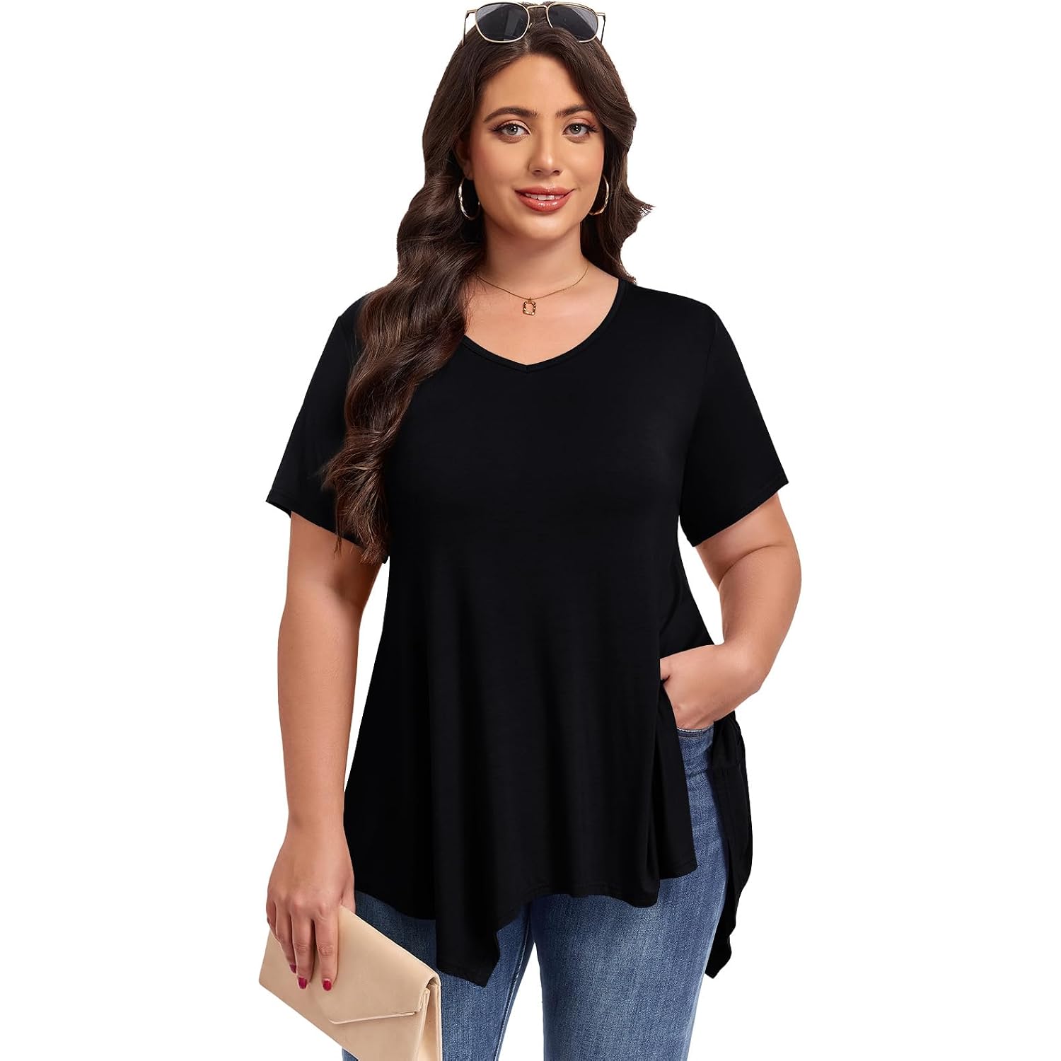LARACE Plus Size Tops for Womens Summer Clothes Short Sleeve Shirts Casual V Neck Tunic Asymmetrical Blouses