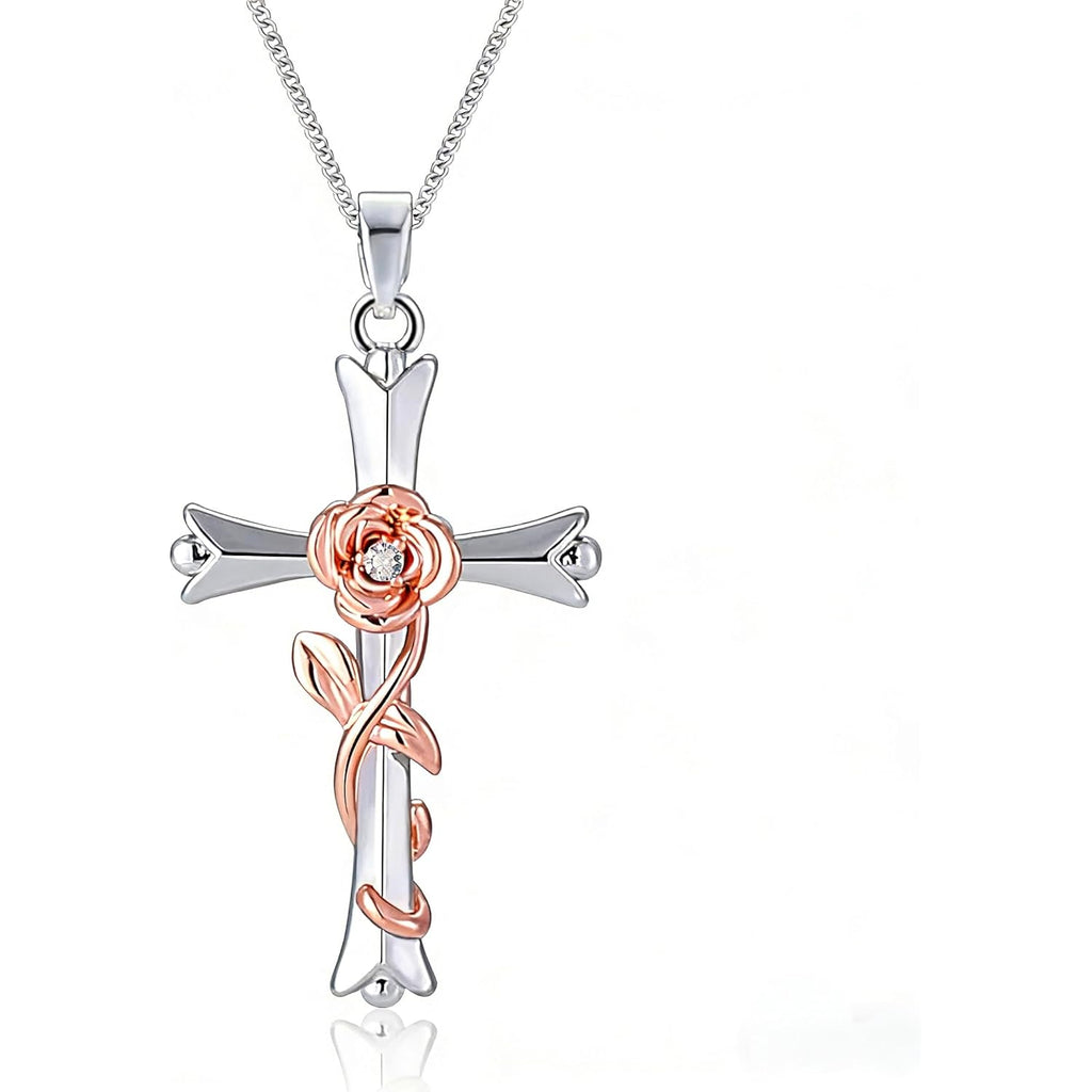 ACECHA Cross Necklace for Women | Silver Faith Birthstone Cross Pendant with Birth Flower Jewelry Gifts for Teen Wife Women for Birthday Anniversary