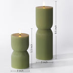 Olive Green Ribbed Flameless Pillar Candles With Remote Set Of 2 | 2 Aa Battery Powered, Flickering Led Decorative Candles, Home Shelf Table Decor, Real Wax Coating