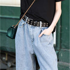 Grommet Leather Belts for Women, Black Belt Women Men with Double Holes