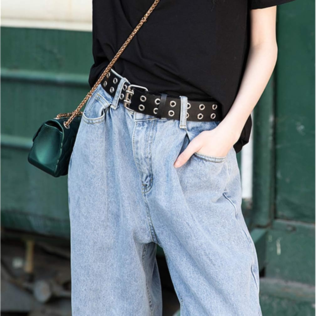 Grommet Leather Belts for Women, Black Belt Women Men with Double Holes