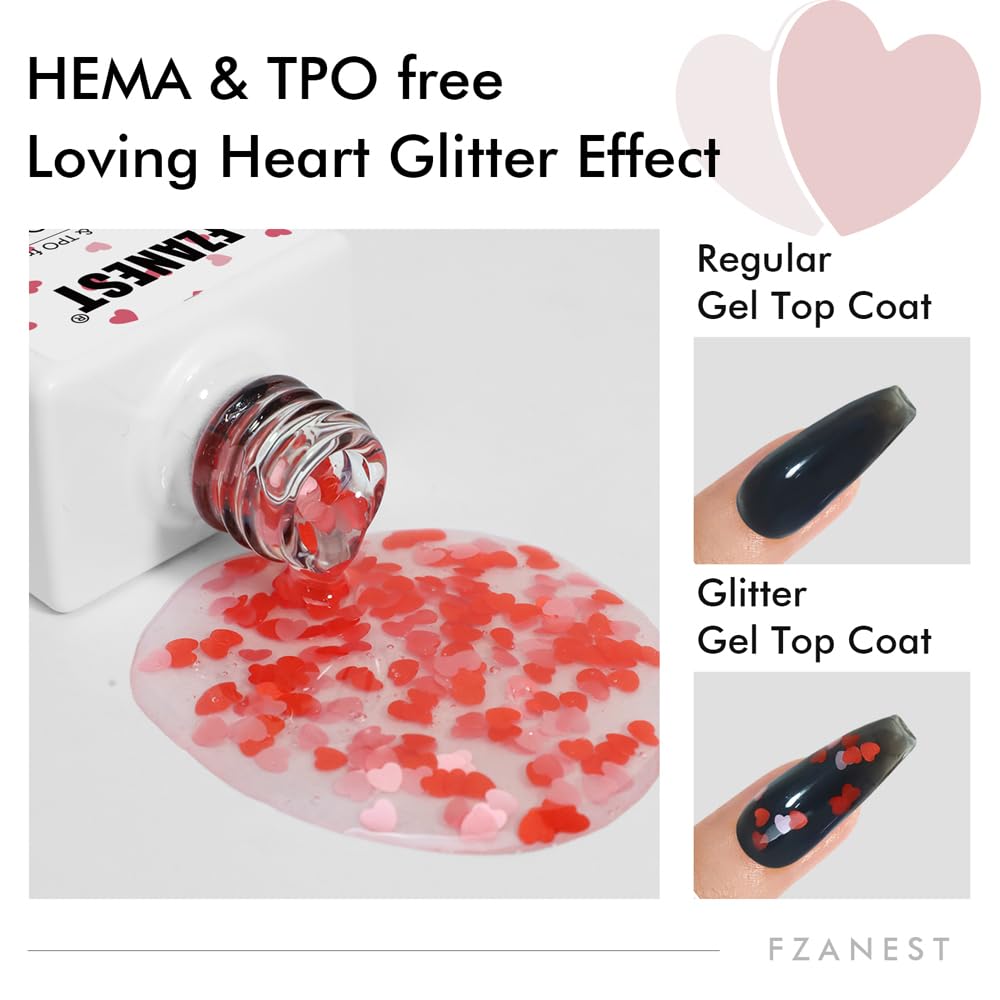 FZANEST Glitter Gel Top Coat, Hema-free Tpo-free Valentine's Day Limited Red & Pink Heart Clear Gel Polish No Wipe Uv Top Coat Nail Decoration Nail Art Sparkle Manicure DIY Home Salon