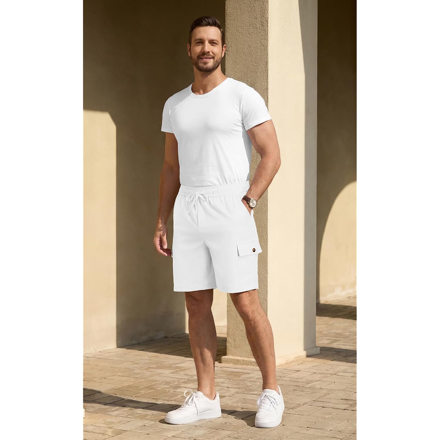 Nitagut Mens Cargo Shorts 7" Casual Drawstring Elastic Waist Summer | Relaxed Comfort, Utility Flap Pockets, Commute Beach Vacation, Pairs With Tees Polos, Machine Washable