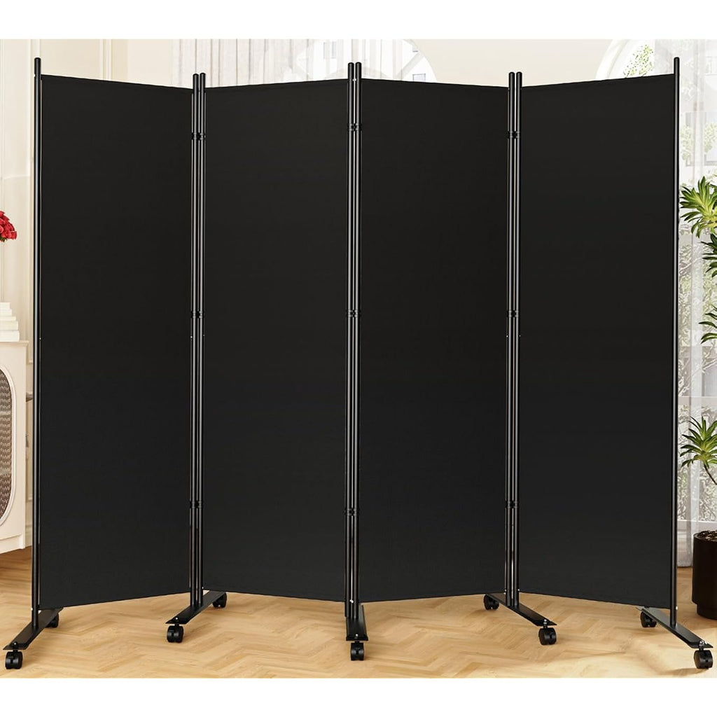 Room Divider 6Ft Folding Privacy Screens With Lockable Wheels, 4 Panel Room Partition For Room Separator, 88" W Freestanding Portable Fabric Wall Dividers For Home Dorm Studio Office, Black