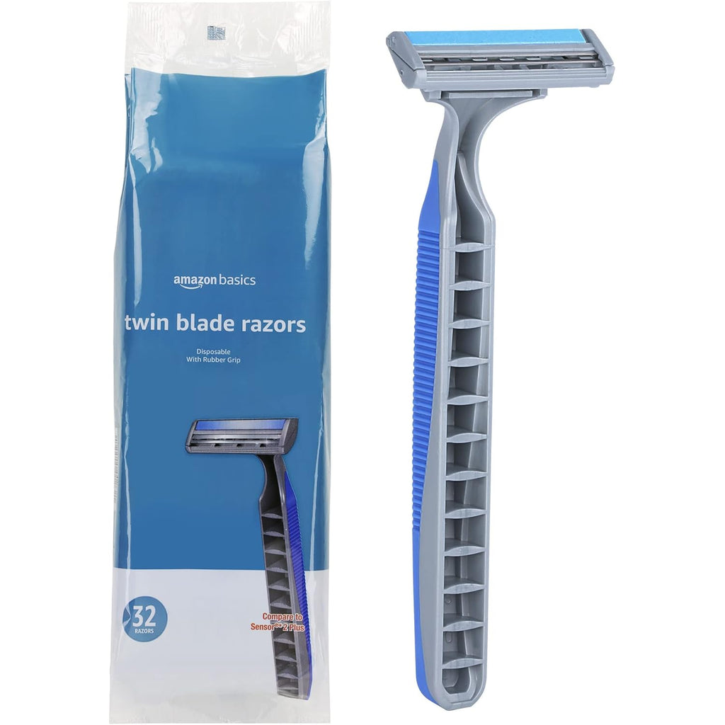 Amazon Basics Twin Blade Pivoting Disposable Razors with Rubber Grip for Great Grip When Wet, Travel-Friendly, 32 Count, 1-Pack (Previously Solimo)