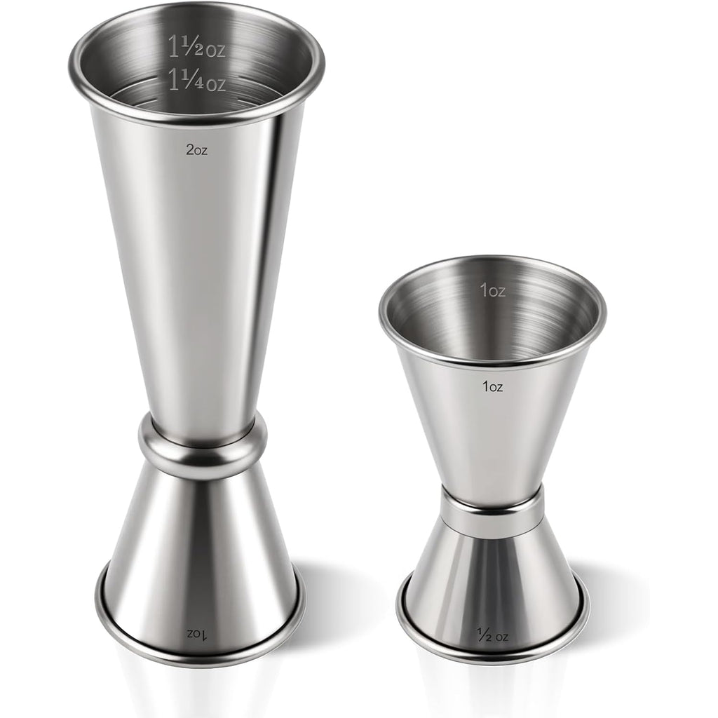 2-Pack Stainless Steel Cocktail Jiggers – Japanese Style Double Measuring Cups For Bartending (1Oz/2Oz + 0.5Oz/1Oz)