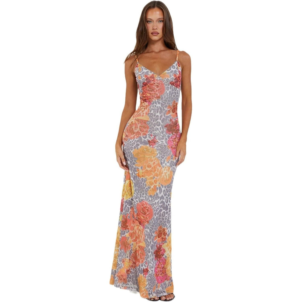 Vancol Women Spaghetti Strap Satin Dresses Backless Hollow Casual Boho V Neck Dress Flowy Dress