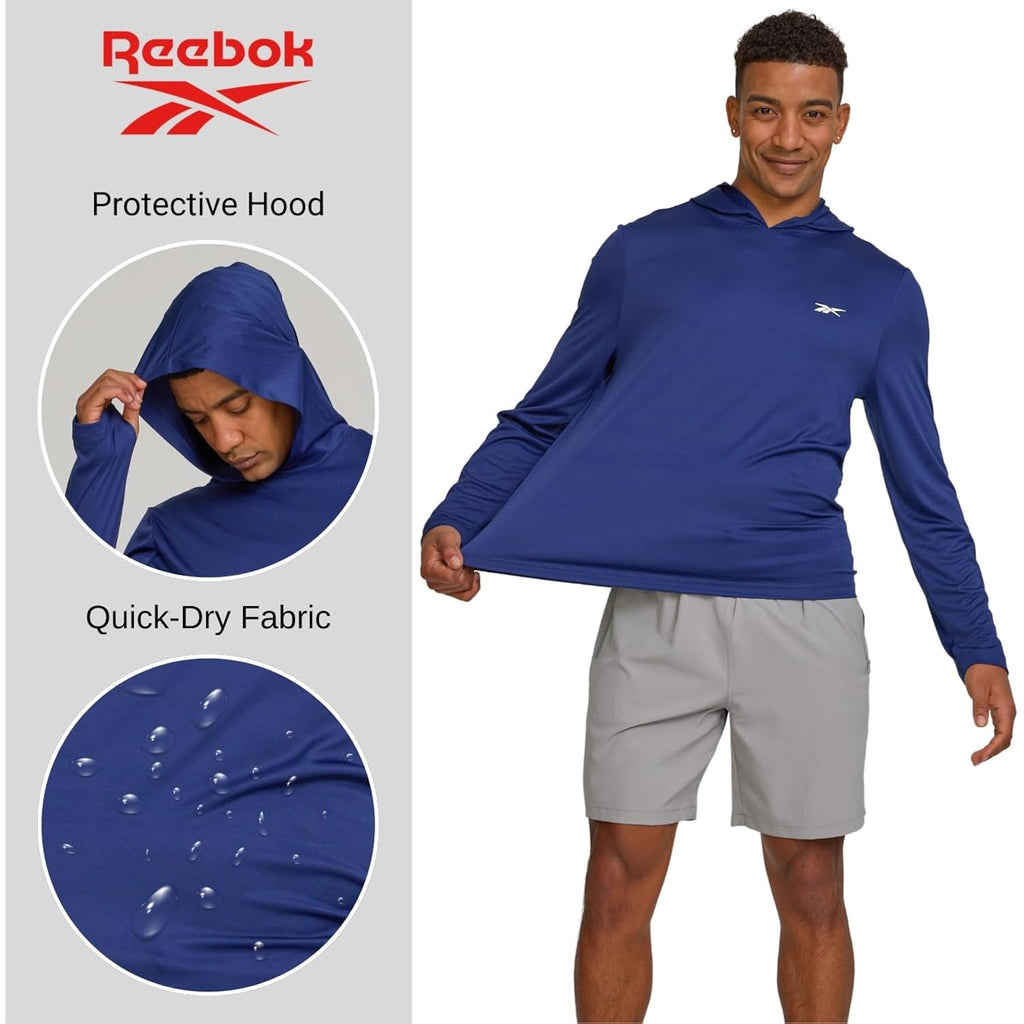 Reebok Hooded Rash Guard For Men– Long Sleeve Sun Shirt, Upf 50+ Uv Protection Fishing Running Hiking Athletic Workout