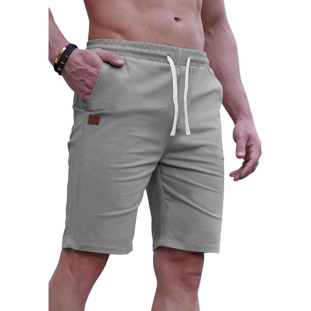Hungson Mens Casual Shorts 9" Chino Cotton Shorts Summer Beach Drawstring Shorts With Pockets