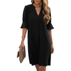 Wkior Shift Dress For Women V Neck Short Sleeves Solid Color Casual Flowy Summer Dresses(S-2Xl)