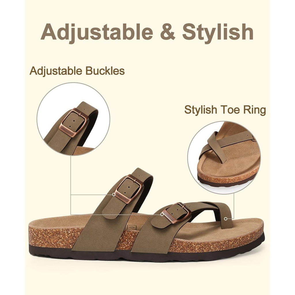Kidmi Women'S Cork Footbed Sandals With Toe Loop, Comfortable Summer Slip-On Slides With Adjustable Buckle
