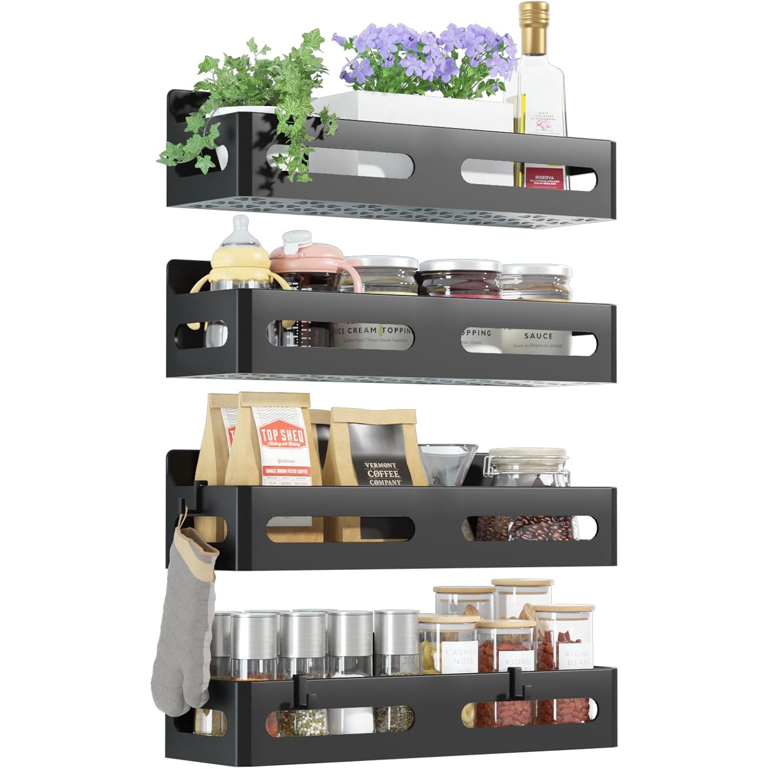 Sevenblue 4 Pack Strong Magnetic Spice Rack for Refrigerator, Multipurpose Magnetic Shelf for Fridge with 4 Hooks for Kitchen and Bathroom Organization, Black