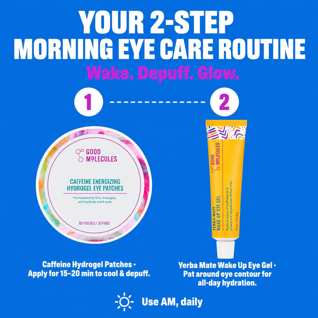 Good Molecules Under Eye Cream And Eye Patches For Dark Circles, Puffiness And Tired Eyes - Yerba Mate Eye Gel (15Ml) And Caffeine Hydrogel Eye Patches (60 Patches / 30 Pairs) - Morning Eye Care Set