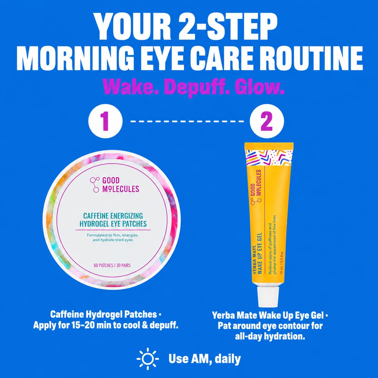 Good Molecules Under Eye Cream And Eye Patches For Dark Circles, Puffiness And Tired Eyes - Yerba Mate Eye Gel (15Ml) And Caffeine Hydrogel Eye Patches (60 Patches / 30 Pairs) - Morning Eye Care Set