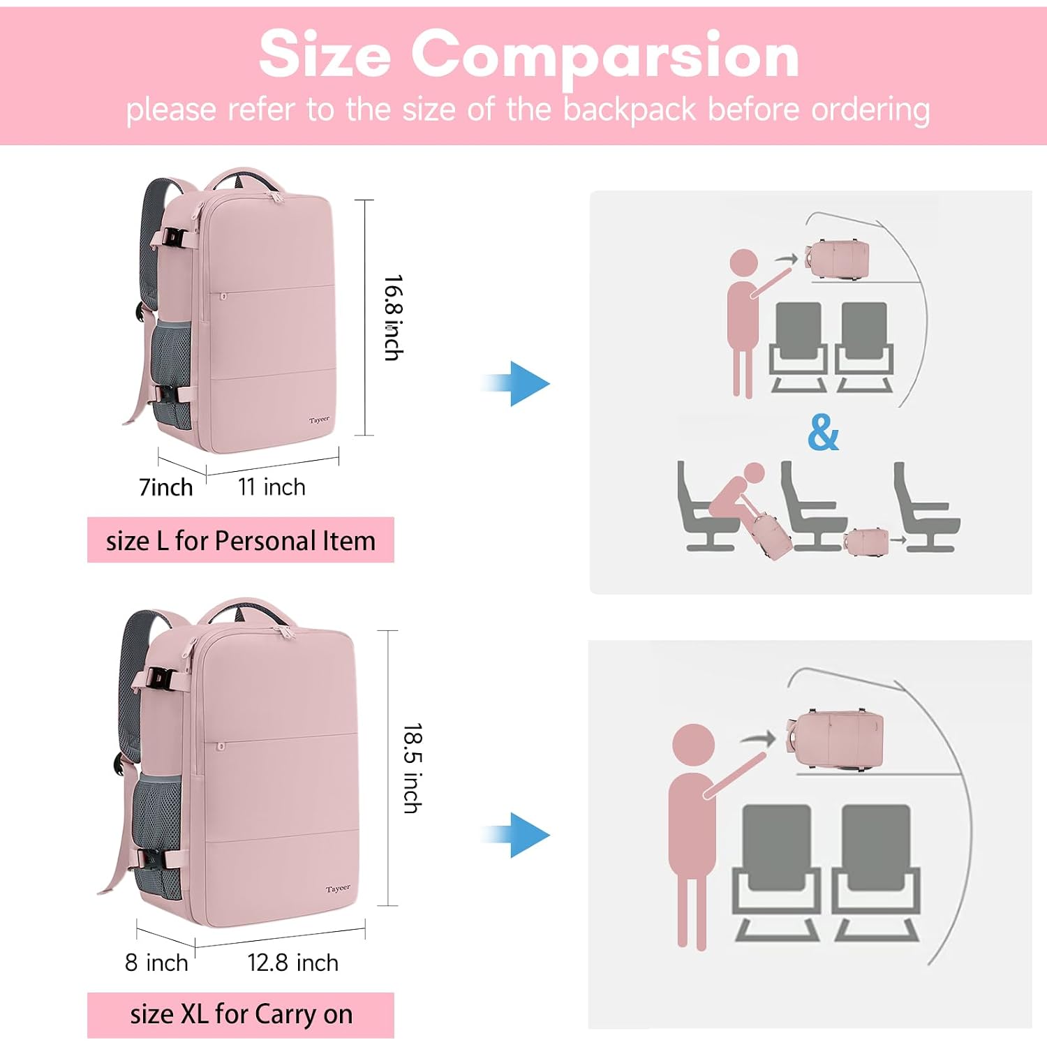 Taygeer Travel Backpack For Women, Tsa Carry On Backpack Flight Approved | 15.6Inch Laptop Mochila With Water Bottle Pocket & Shoe Pouch, Nurse Bag Casual Daypack For Weekender Business Hiking, Pink
