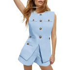 Tankaneo Womens 2 Piece Outfits Casual Suit Sets Sleeveless Button Down Blazer Vest Shorts Office Business Matching Set