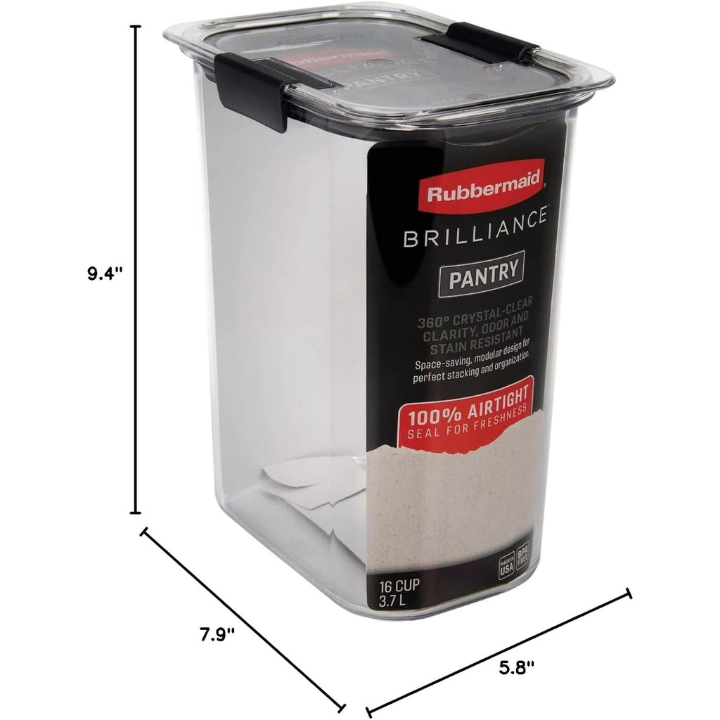 Rubbermaid Brilliance 16-Cup Airtight Food Storage Container with Lid Clear/Grey - optimal for pantry organization flour sugar and food storage