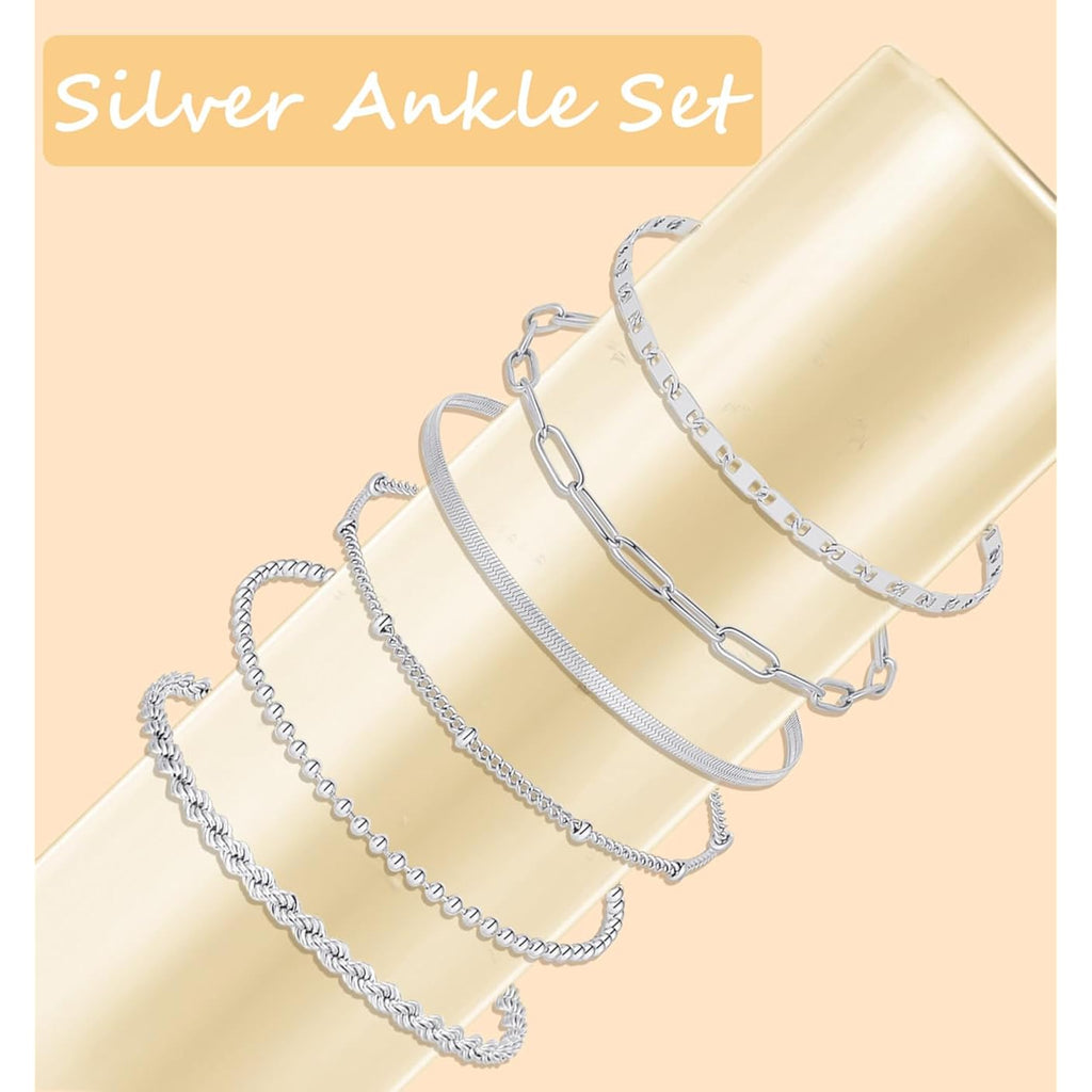 Tornito 8Pcs Ankle Bracelets for Women Stainless Steel Waterproof Layered Cuban Figaro Link Chain Rope Paperclip Herringbone Satellite Bead Anklets Set Summer Beach Jewelry Gold Silver Tone 8.5 Inch