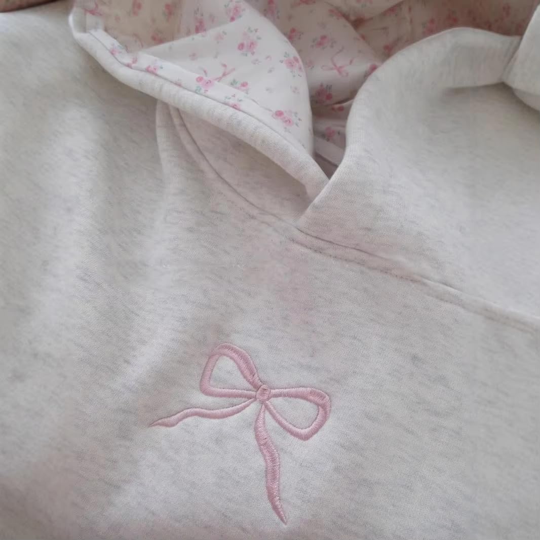 Women Bow Embroidery Hoodie Teen Girls Cute Graphic Hooded Loose Preppy Y2K Long Sleeve Pullover Hoodie Tops