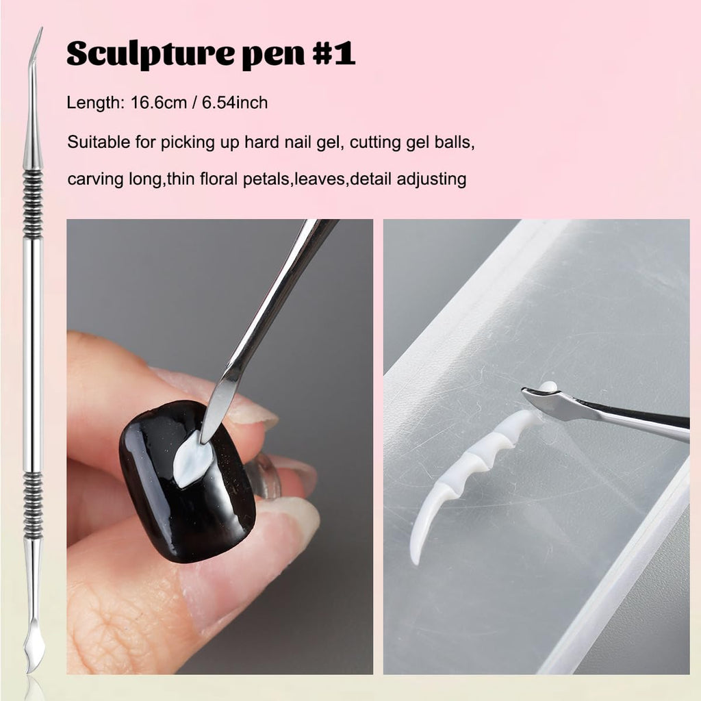Fcozpjk Nail Art Sculpture Pen, 3PCS Double-head Stainless Steel 3D Gel Art Sculpting Pens Dotting Tools Acrylic Powder Flower Design Carving Modeling for Builder Gel Chrome Powder Applicator Manicure