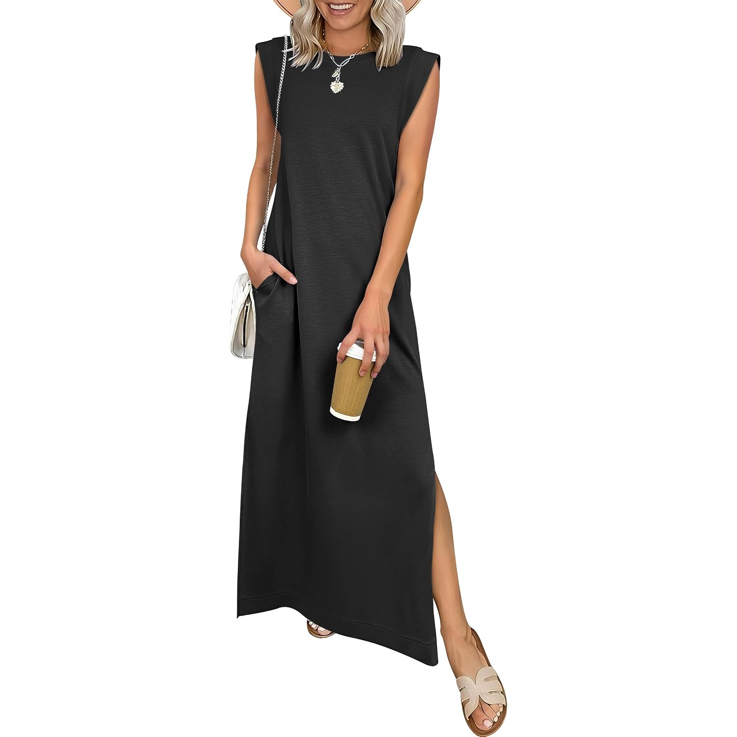 Anrabess Women Summer Casual Sleeveless Maxi Dress 2026 Crewneck Loose Split Wrinkle-Free Beach Travel Vacation Long Sundress
