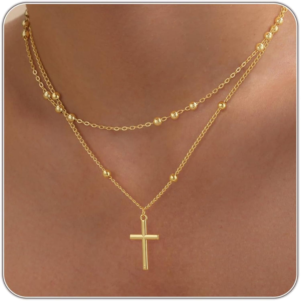 Cross Necklace for Women - Dainty 14K Real Silver Gold Plated Layered Pendant Necklace Stack Simple Trendy Cute Charm Choker Necklaces Jewelry Gift for Teen Her