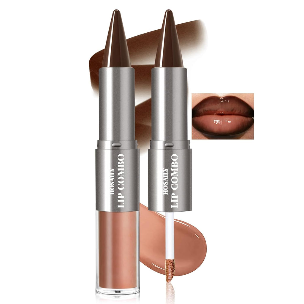HOSAILY 2 in 1 Lip Combo Sets, Dark Brown Natural Lips Liner and Liquid Lipstick Combo Moisturizing Nude Glossy Gloss Lip Kit, Plumping Lightweight Lips Pencil with High Shine Tinted Gloss Set01