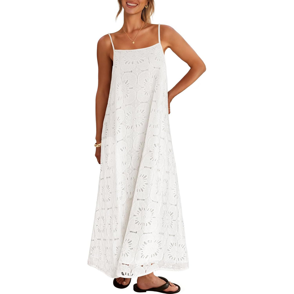 Merokeety Women'S Summer Spaghetti Straps Sundress 2026 Casual Sleeveless Floral Lace Eyelet Boho Beach Maxi Dress