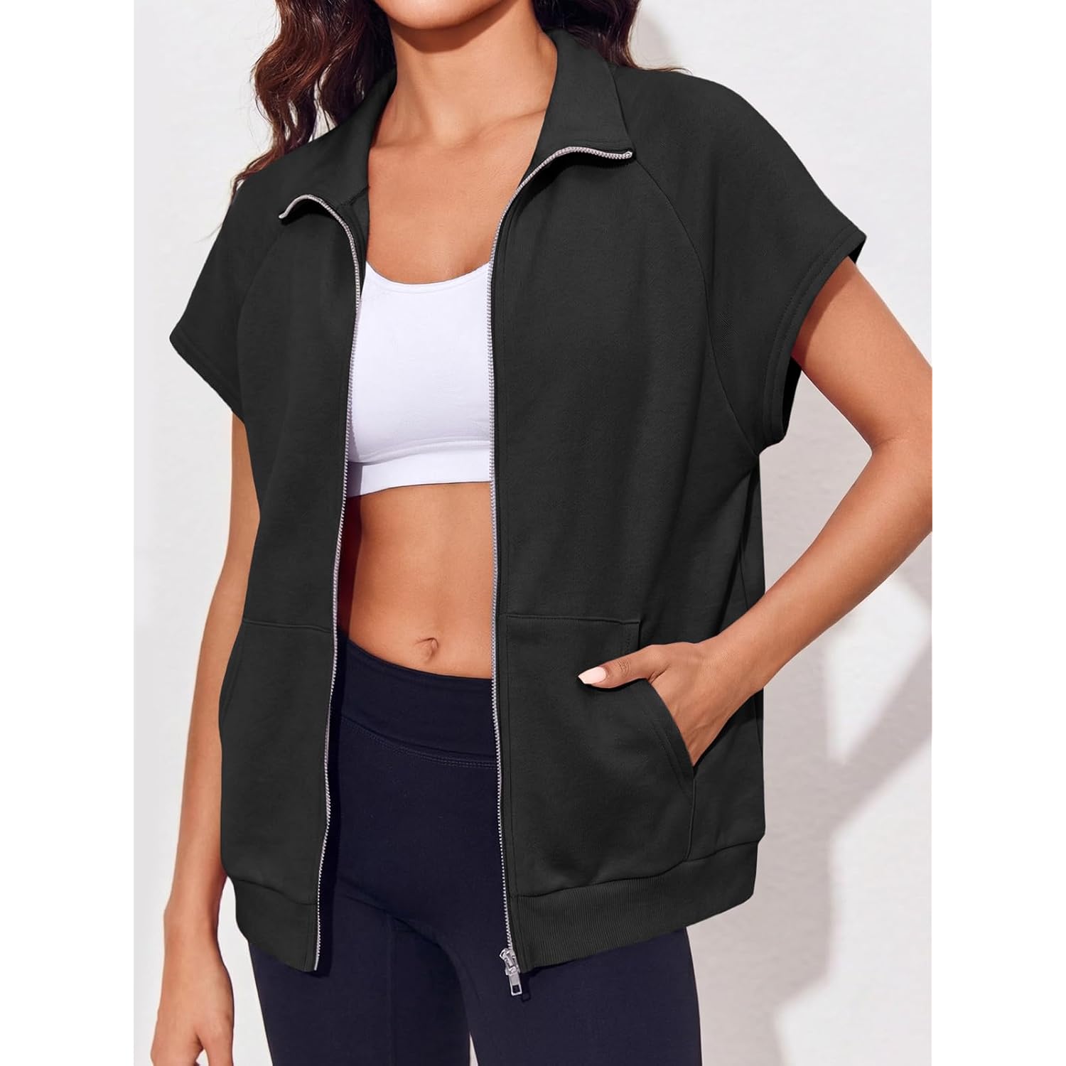 Women's Zip Up Sweatshirts Sleeveless Oversized Casual Solid Color Sweatshirt with pockets
