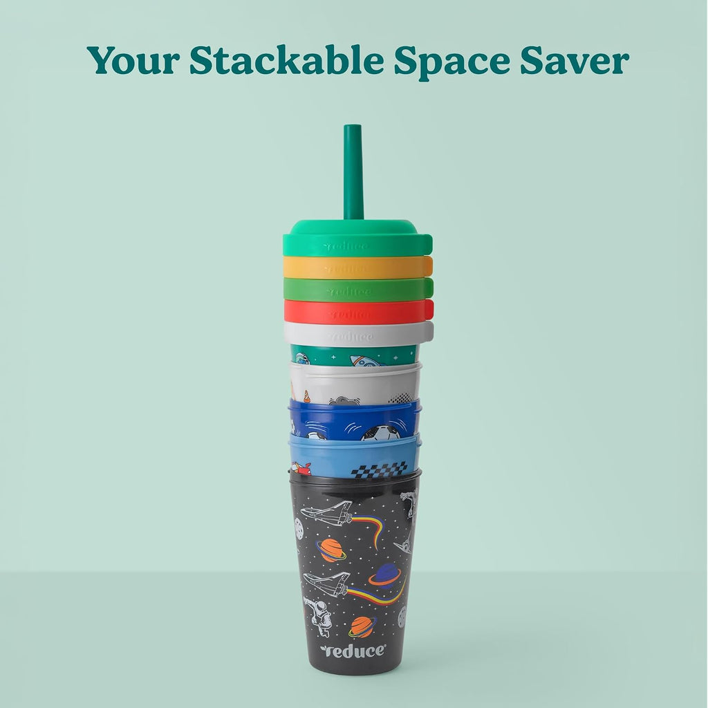 Reduce Gogo'S Kids Portable Tumbler Cups With Lids And Spill-Proof Straws - 5 Pack Of Stackable 12 Oz Tumblers With Twist-On Lids - Easy Storage, Dishwasher Safe - New Explorer
