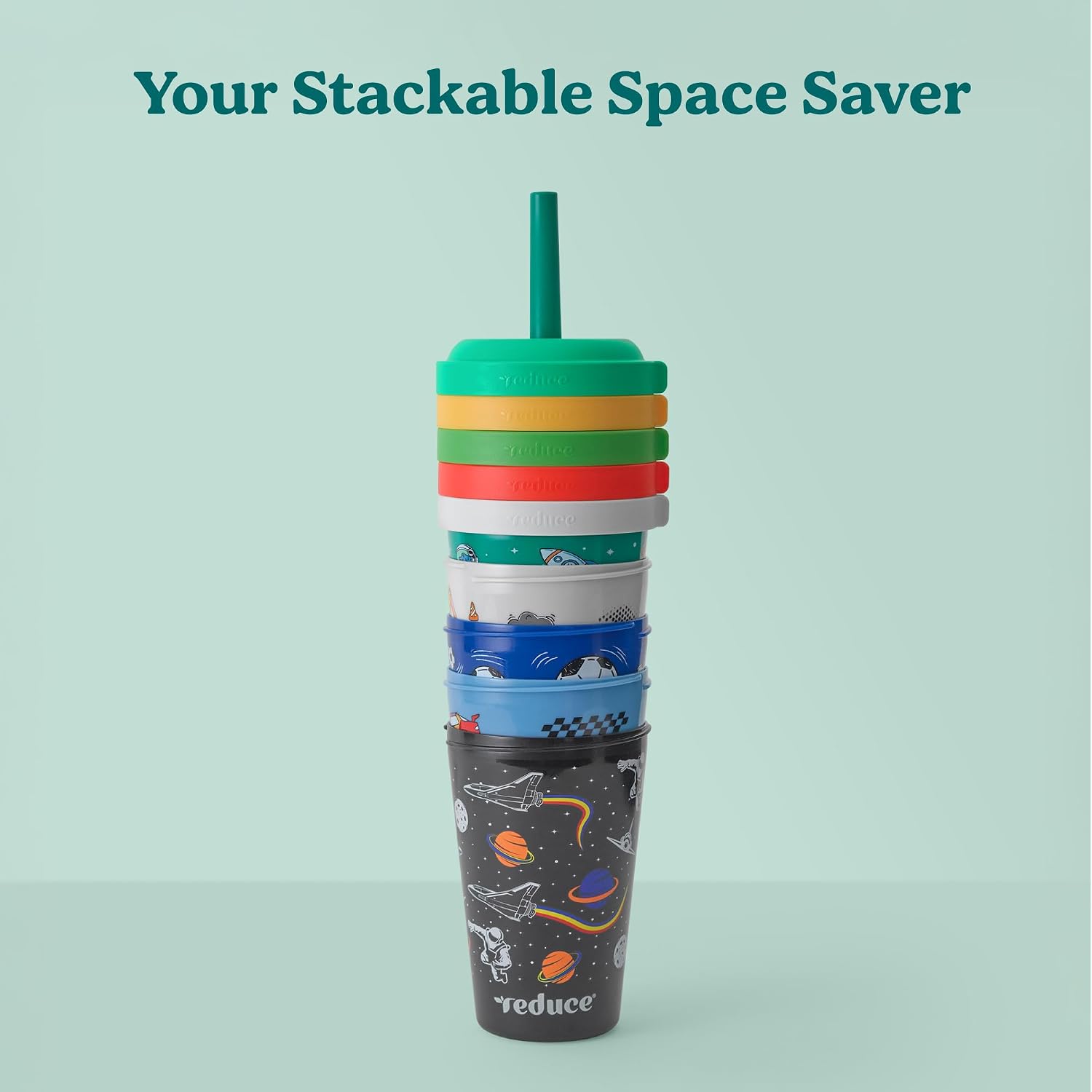 Reduce Gogo'S Kids Portable Tumbler Cups With Lids And Spill-Proof Straws - 5 Pack Of Stackable 12 Oz Tumblers With Twist-On Lids - Easy Storage, Dishwasher Safe - New Explorer