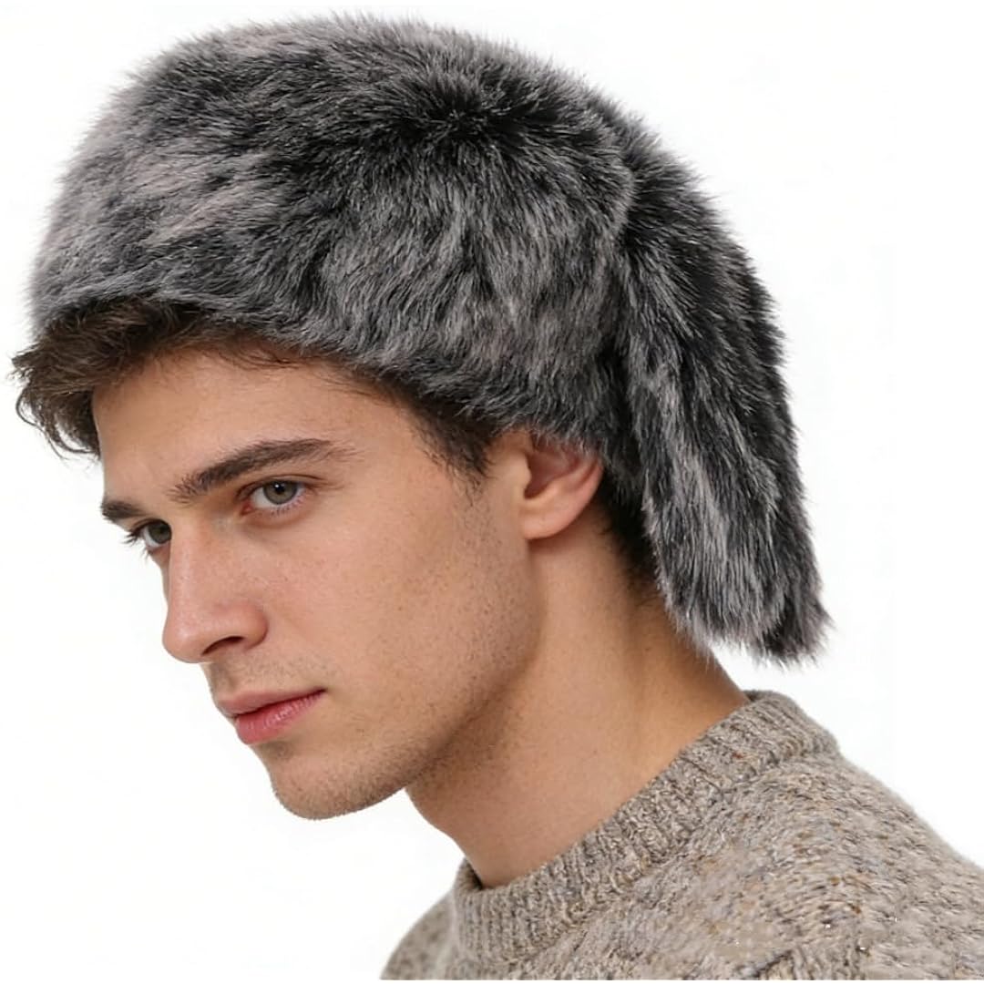 SIQITECHNO Unisex Faux Fur Trapper Hat with Tail Furry Russian Trooper Hat Ushanka Cossack Warm Winter Hunting Snow Ski Cap