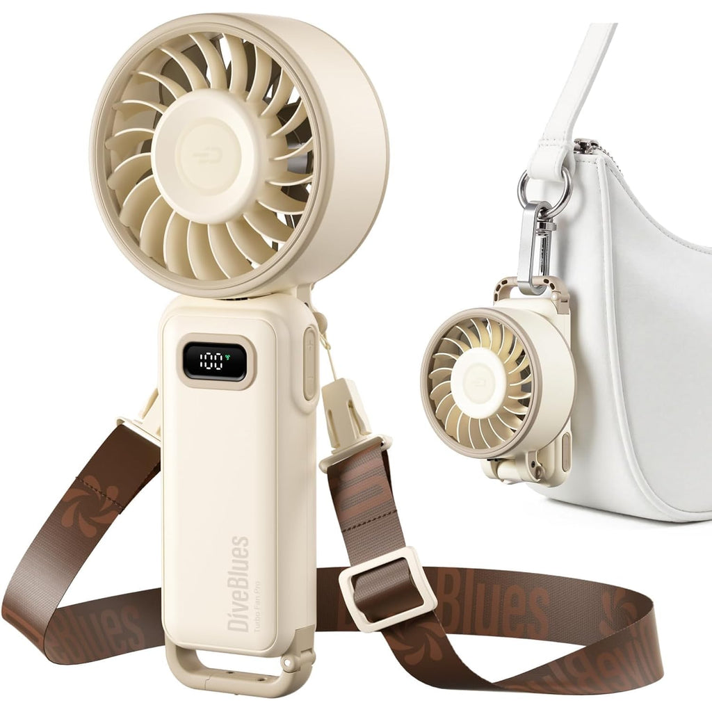 Diveblues Portable Handheld Fan D6036 Cream | 7.4M/S High Speed Turbo, 180° Foldable 4-In-1, Personal Neck Fan With Carabiner Clip, 100 Speed Stepless Control