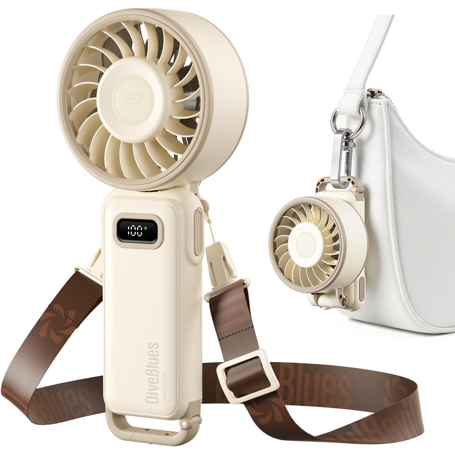 Diveblues Portable Handheld Fan D6036 Cream | 7.4M/S High Speed Turbo, 180° Foldable 4-In-1, Personal Neck Fan With Carabiner Clip, 100 Speed Stepless Control