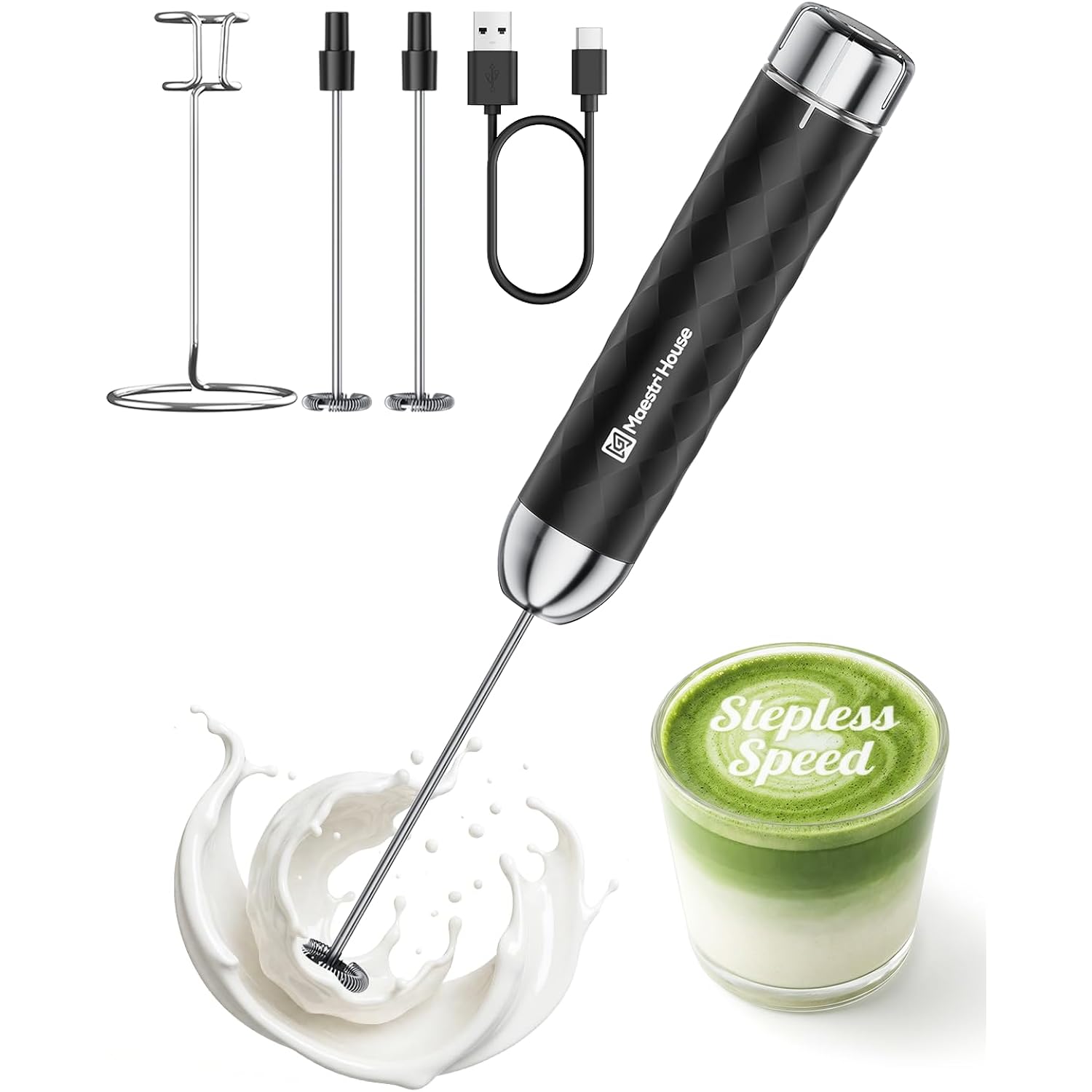 Maestri House Rechargeable Milk Frother With Stepless Speed Control, Lunafro 2.0 Handheld Electric Foam Maker Waterproof Drink Mixer Foamer For Lattes, Cappuccino