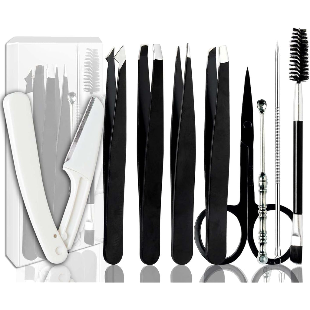 Tweezers Kit Tweezer for Women Facial Hair Removal Tweezers Professional Tweezers Set Eyebrow Tweezer, [9+1 PCS] Professional Stainless Steel Eyebrow for Women &Men,Black Beauty Sets