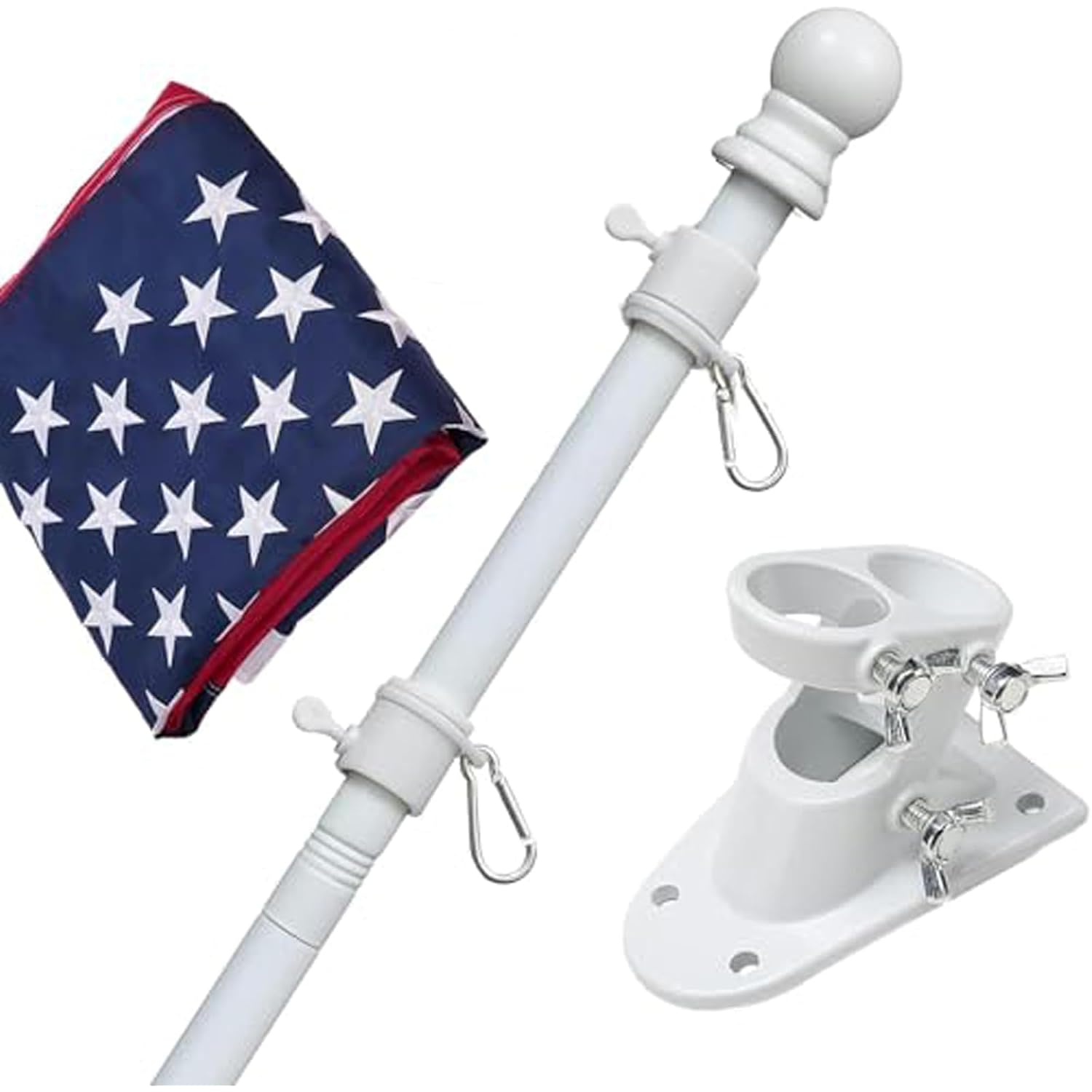 Flag Pole Kit With 3X5 American Flag - Includes 5Ft Heavy Duty Tangle Free Flagpole,Embroidered 3X5 Us Flag,Aluminum Mount Holder Bracket,Metal Flagpoles For Outside House,Porch,Outdoor - White