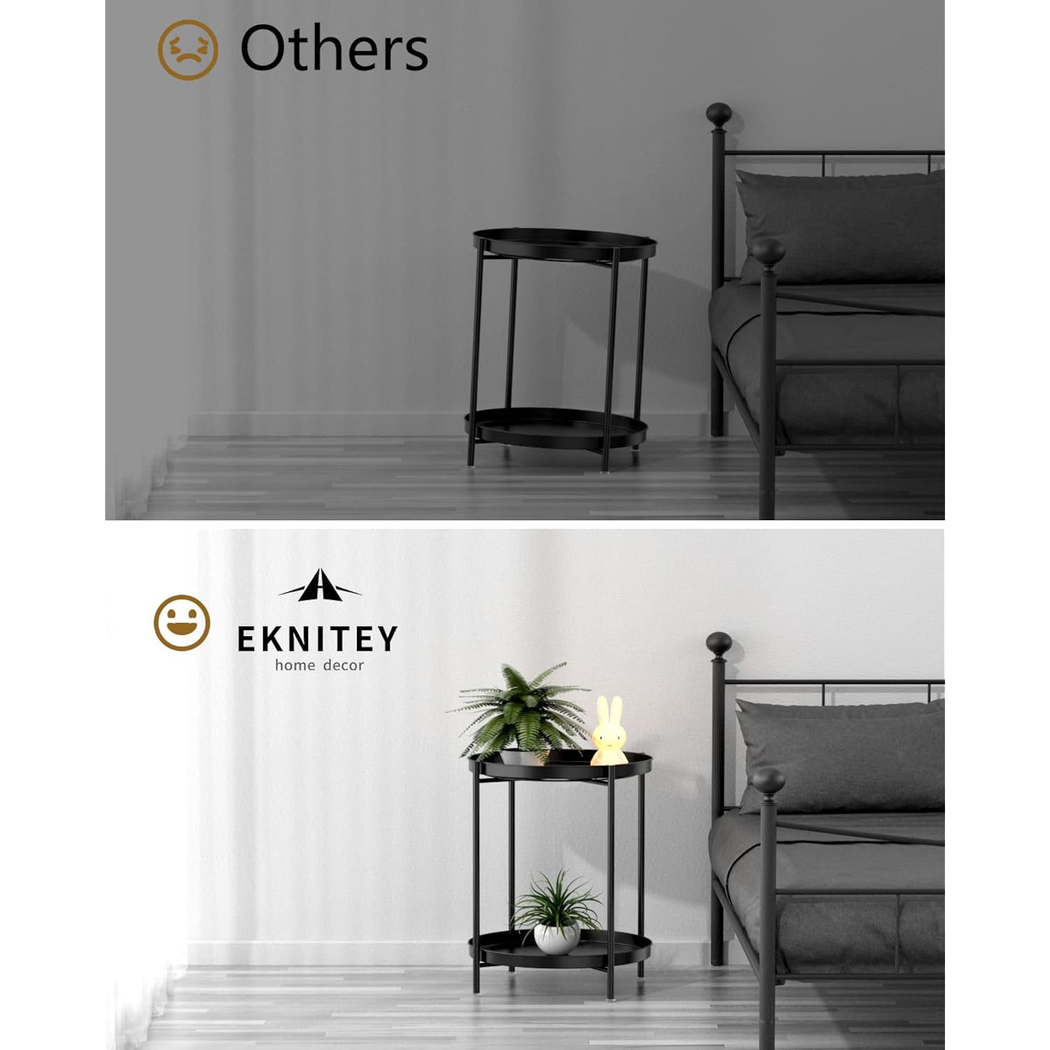 Eknitey 2 Tier End Table - Metal Side Table Waterproof Small Sofa Coffee Side Tables Bedroom Indoor Outdoor With Removable Tray For Living Room Bedroom Balcony And Office (Black)