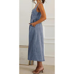 Ebossy Stretchy Smocked Denim Dress For Women Sleeveless Babydoll Button Down Midi Long Jean Dresses