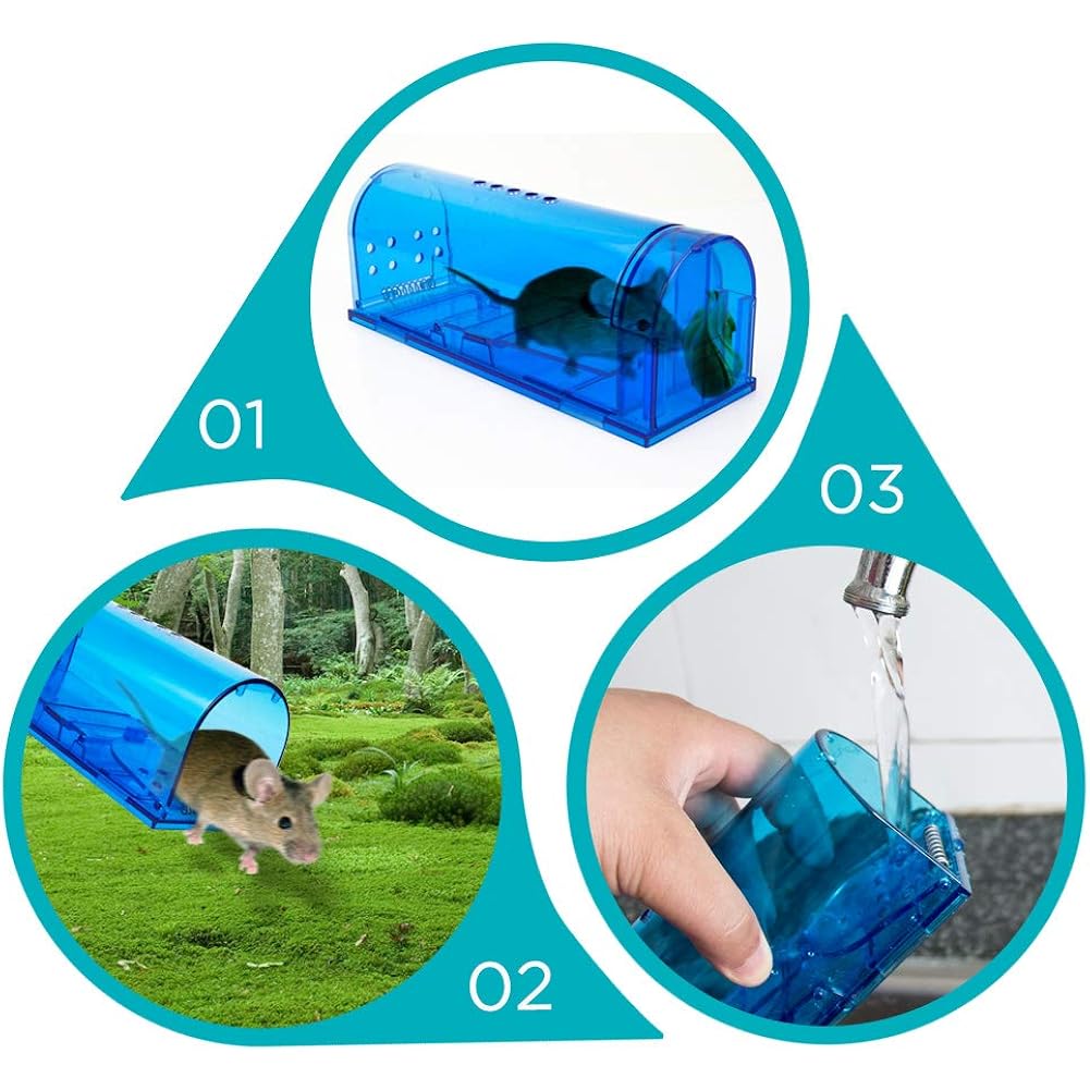 Humane Mouse Trap Reusable! [2-Pack] - Catch And Release No-Kill Rodent Traps For Indoors & Outdoors - Safe For Children & Pets - Reusable Mouse Catcher For Kitchen, Pantry & Garage Blinc (Blue)