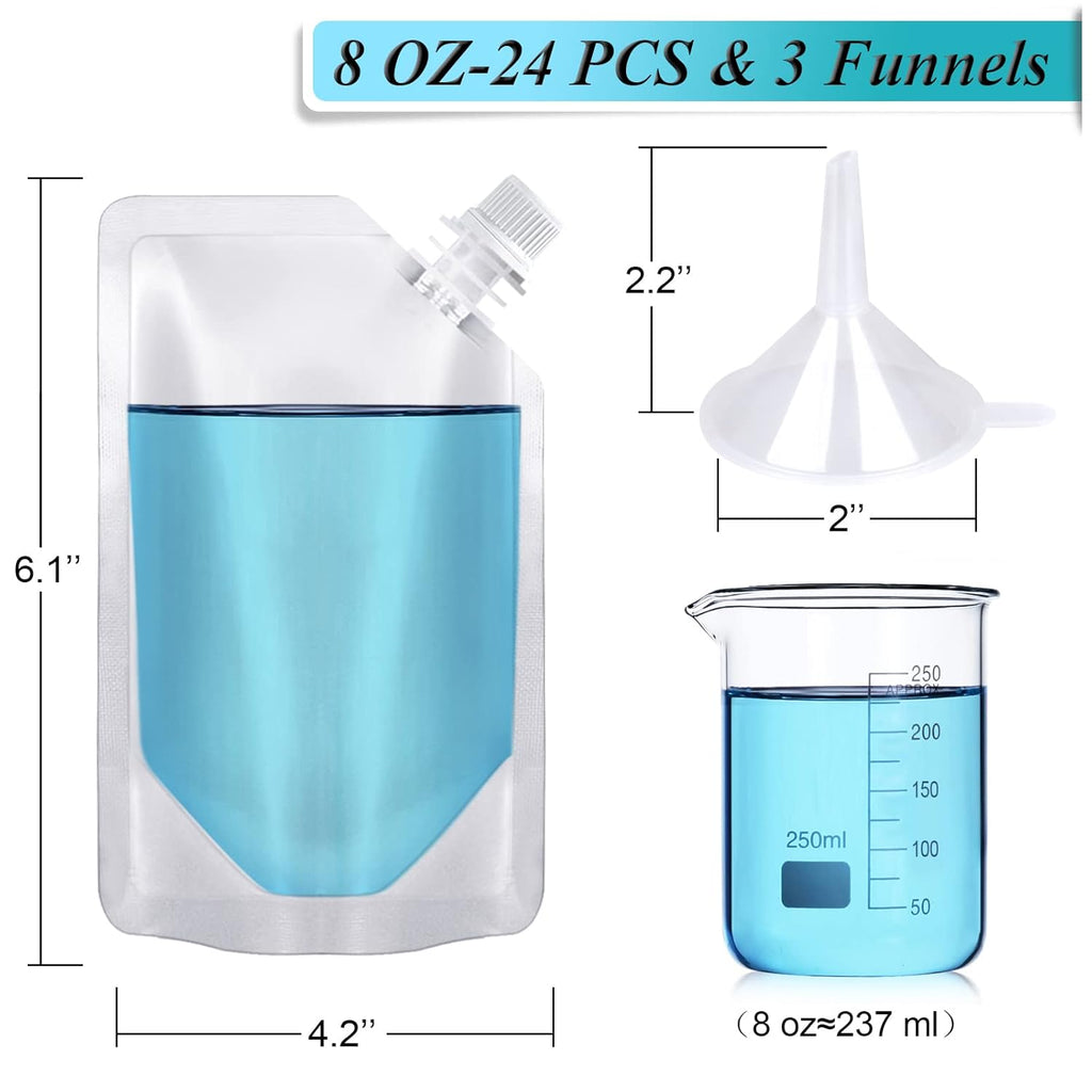 24 Pcs Plastic Flasks, 8 Oz Concealable and Reusable Drink Pouches, Leak-Proof Food Grade Plastic for Travel (8OZ-24PCS +3 Funnels)