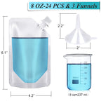 24 Pcs Plastic Flasks, 8 Oz Concealable and Reusable Drink Pouches, Leak-Proof Food Grade Plastic for Travel (8OZ-24PCS +3 Funnels)