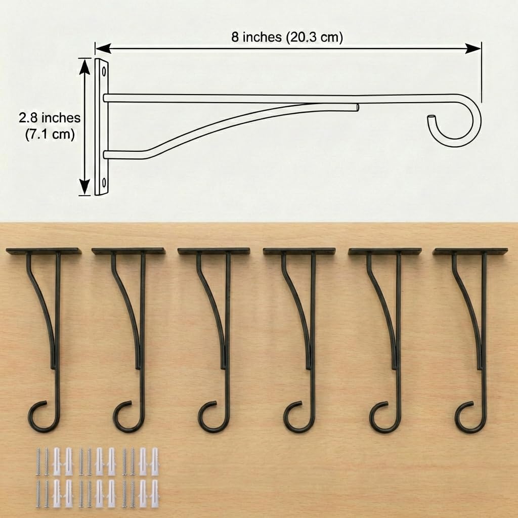 8" Plant Hangers 6 Pack, Hanging Plant Bracket For Wall Fence Porch Outdoor Indoor, Metal Plant Hooks For Basket, Flower, Planter, Feeder, Lantern, Wind Chime