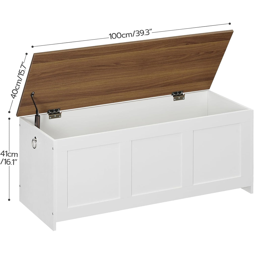 HOOBRO Storage Bench, 39.3" Retro Wooden Storage Chest, Wooden Storage Trunk, Toy Chest with Lift Top, Multifunctional Entryway Organizer, for Entryway, Living Room, White and Walnut WH141CW01