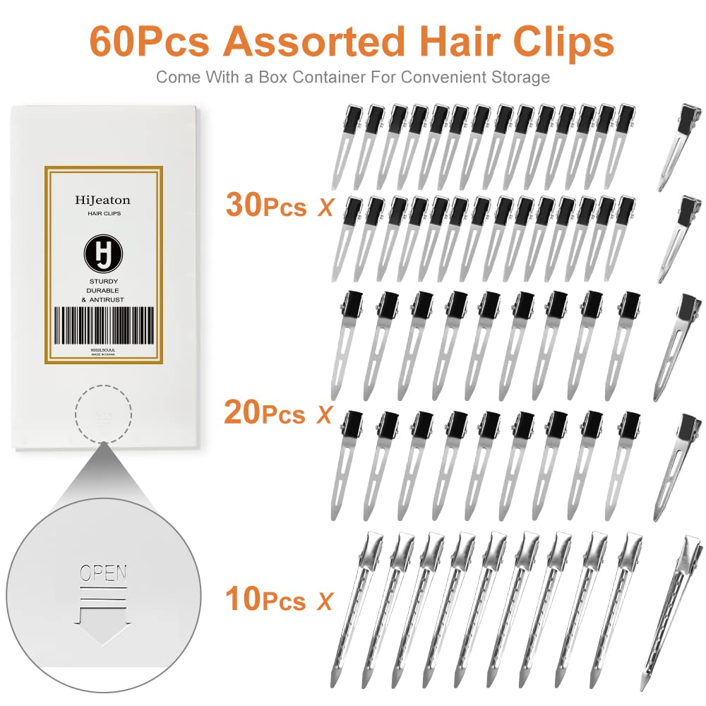 Hijeaton 60Pcs Metal Duck Billed Hair Clips For Women Styling Sectioning, Silver Hair Pins For Long Hair, Alligator Curl Loc Clips For Thick Hair Roller, Salon, Bows Diy