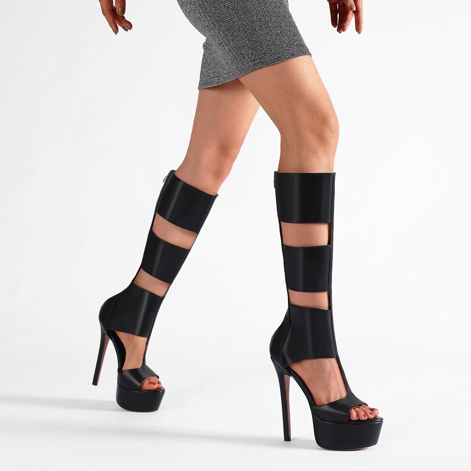 Fancyqueen Platform Knee High Sandals For Women, Gladiator Open Toe Summer Booties Black Heels Sandal Boots, Sexy Style Casual For Party