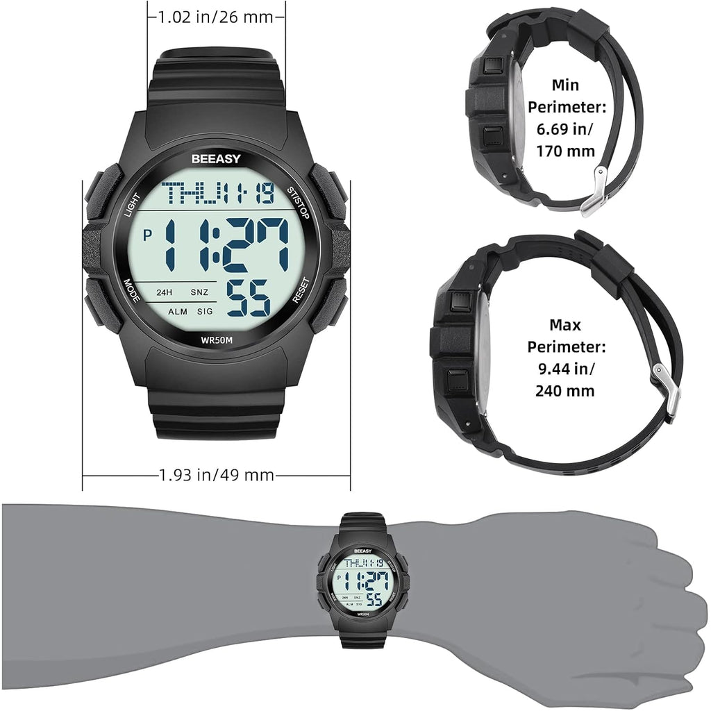 Beeasy Mens Digital Sports Watch, 50M Waterproof 49Mm Rubber Strap Mens Watches With Stopwatch, Countdown Timer, Alarm & Dual Time—Ideal For Sport, Gym, Running, Referee, School & Daily Wear